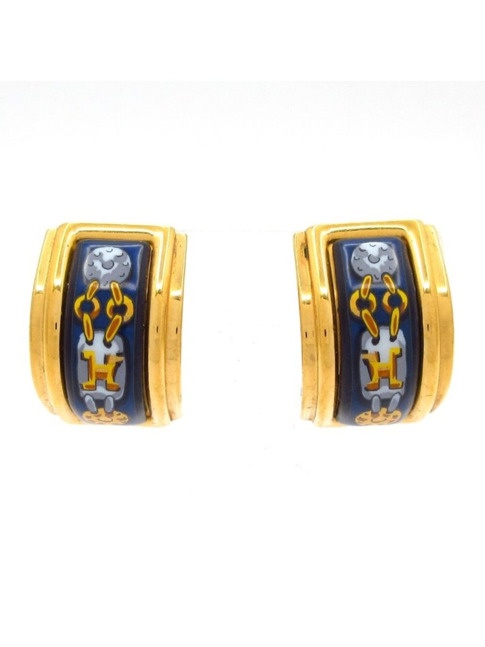 Hermes Earrings Enamel Gold Navy Multi